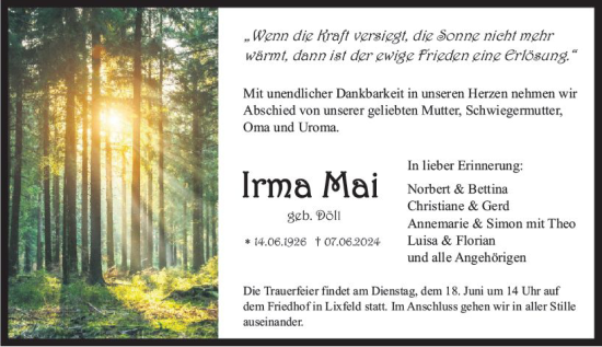 Traueranzeige von Irma Mai von Hinterländer Anzeiger