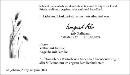 Traueranzeige von Irmgard Ahr von Allgemeine Zeitung Bingen/Ingelheim