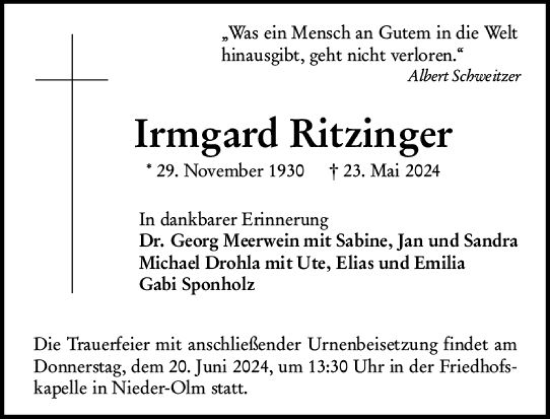Traueranzeige von Irmgard Ritzinger von Allgemeine Zeitung Mainz