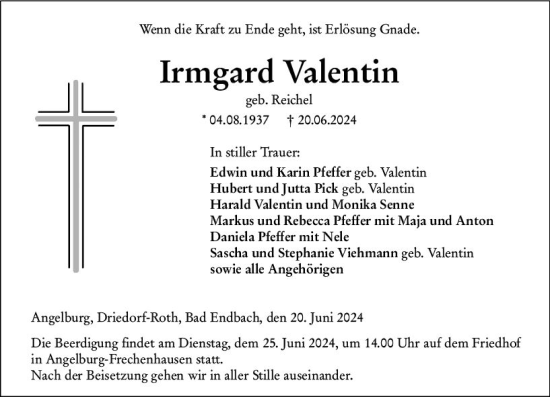 Traueranzeige von Irmgard Valentin von Hinterländer Anzeiger