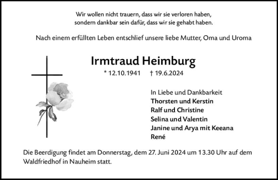Traueranzeige von Irmtraud Heimburg von Rüsselsheimer Echo