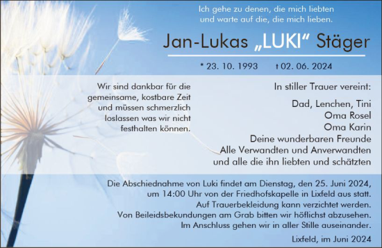 Traueranzeige von Jan-Lukas Stäger von Hinterländer Anzeiger