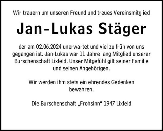 Traueranzeige von Jan-Lukas Stäger von Hinterländer Anzeiger