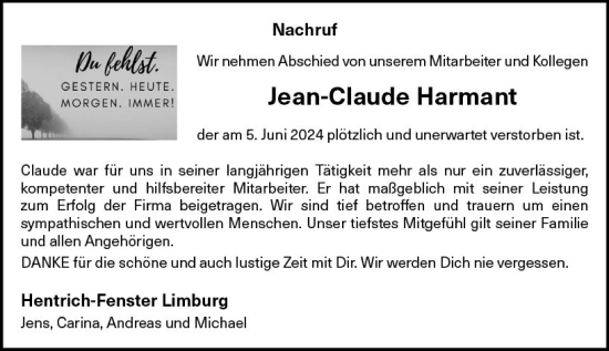 Traueranzeige von Jean-Claude Harmant von Nassauische Neue Presse
