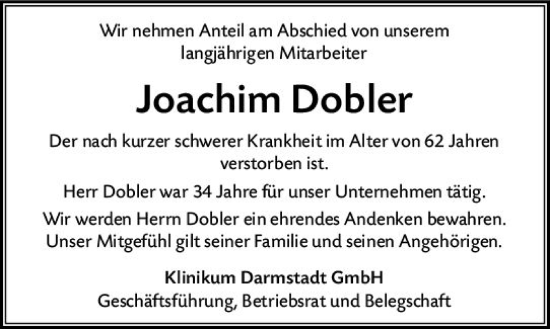 Traueranzeige von Joachim Dobler von Darmstädter Echo