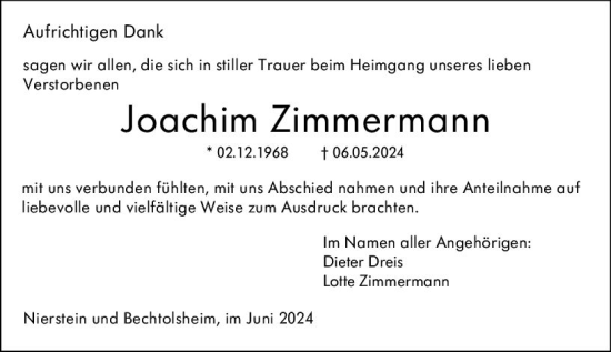 Traueranzeige von Joachim Zimmermann von Allgemeine Zeitung Alzey