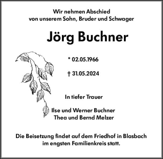 Traueranzeige von Jörg Buchner von Wetzlarer Neue Zeitung