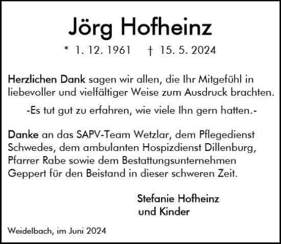 Traueranzeige von Jörg Hofheinz von Dill Block