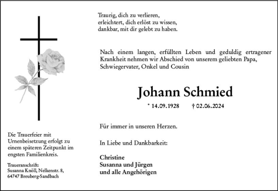 Traueranzeige von Johann Schmied von Odenwälder Echo