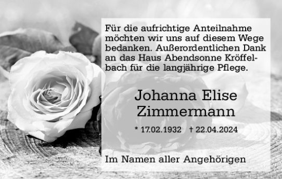 Traueranzeige von Johanna Elise Zimmermann von Wetzlarer Neue Zeitung