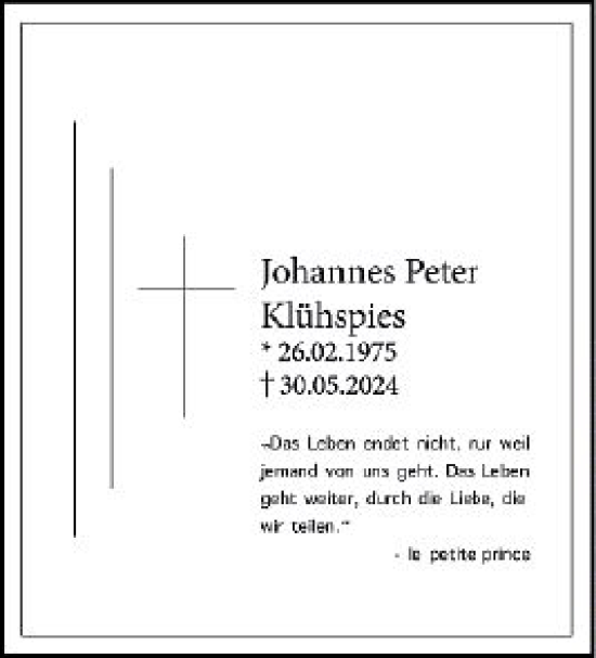 Traueranzeige von Johannes Peter Klühspies von Darmstädter Echo