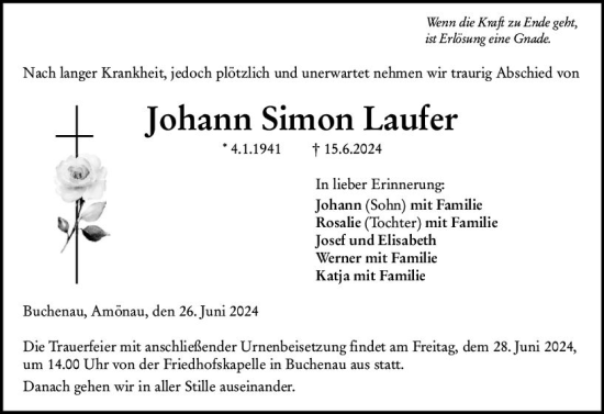 Traueranzeige von Johann Simon Laufer von Hinterländer Anzeiger
