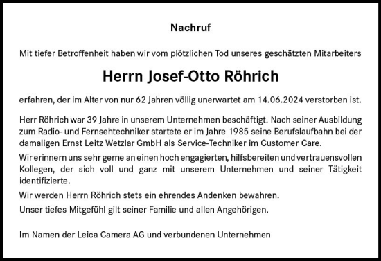 Traueranzeige von Josef-Otto Röhrich von Wetzlarer Neue Zeitung
