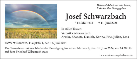 Traueranzeige von Josef Schwarzbach von Nassauische Neue Presse
