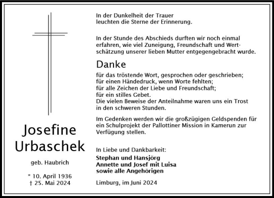 Traueranzeige von Josefine Urbaschek von Nassauische Neue Presse