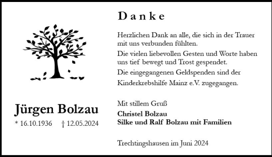Traueranzeige von Jürgen Bolzau von Binger-/Ingelheimer Wochenblatt