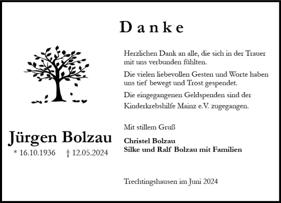 Traueranzeige von Jürgen Bolzau von Allgemeine Zeitung Bingen/Ingelheim