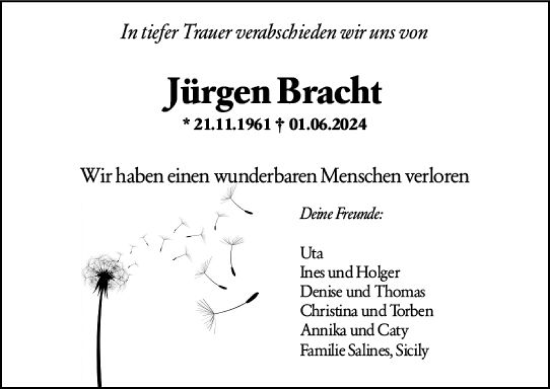 Traueranzeige von Jürgen Bracht von Weilburger Tageblatt