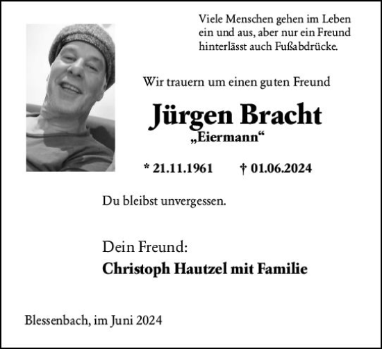 Traueranzeige von Jürgen Bracht von Weilburger Tageblatt