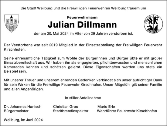 Traueranzeige von Julian Dillmann von Weilburger Tageblatt