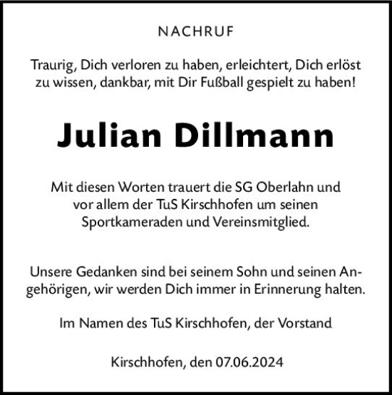 Traueranzeige von Julian Dillmann von Weilburger Tageblatt
