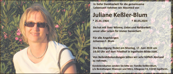 Traueranzeige von Juliane Keßler-Blum von Allgemeine Zeitung Bingen/Ingelheim
