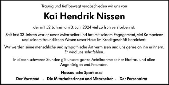 Traueranzeige von Kai Hendrik Nissen von Wiesbadener Kurier