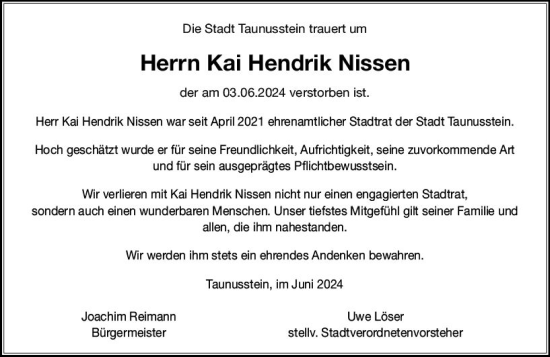 Traueranzeige von Kai Hendrik Nissen von Idsteiner Land/Untertaunus