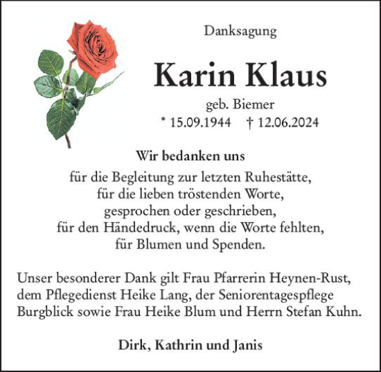 Traueranzeige von Karin Klaus von Wetzlarer Neue Zeitung