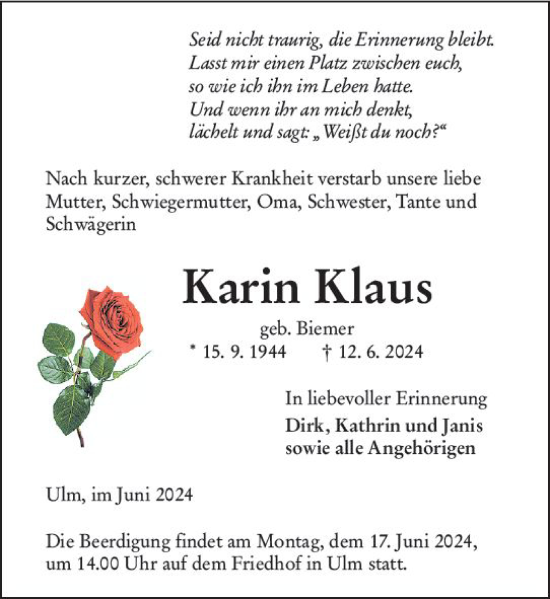 Traueranzeige von Karin Klaus von Wetzlarer Neue Zeitung