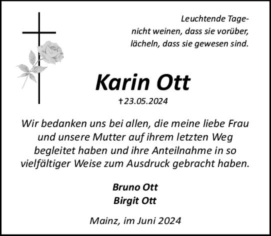Traueranzeige von Karin Ott von Allgemeine Zeitung Mainz
