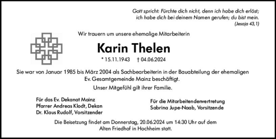 Traueranzeige von Karin Thelen von Allgemeine Zeitung Mainz