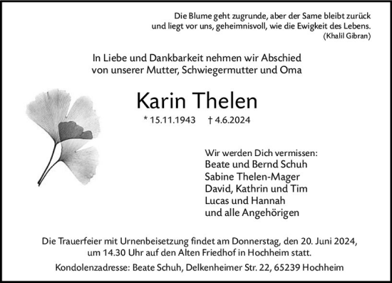 Traueranzeige von Karin Thelen von Allgemeine Zeitung Mainz