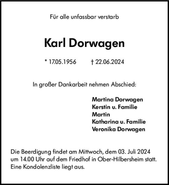 Traueranzeige von Karl Dorwagen von Allgemeine Zeitung Bingen/Ingelheim
