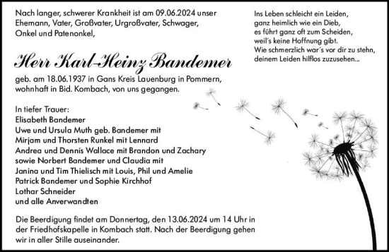 Traueranzeige von Karl-Heinz Bandemer von Hinterländer Anzeiger