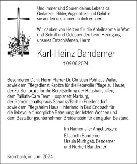 Traueranzeige von Karl-Heinz Bandemer von Hinterländer Anzeiger
