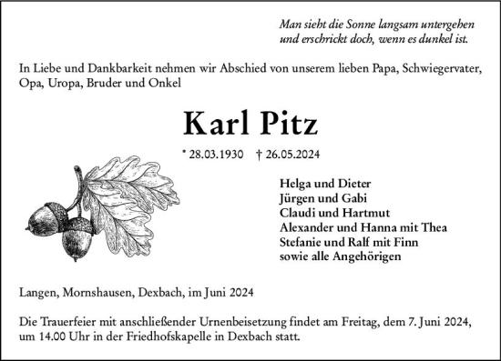 Traueranzeige von Karl Pitz von Hinterländer Anzeiger