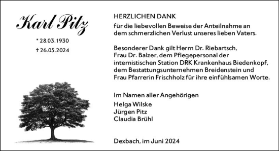 Traueranzeige von Karl Pitz von Hinterländer Anzeiger