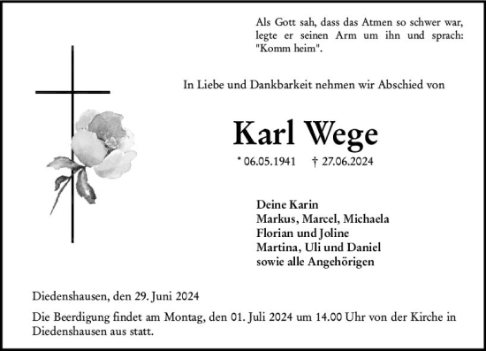 Traueranzeige von Karl Wege von Hinterländer Anzeiger