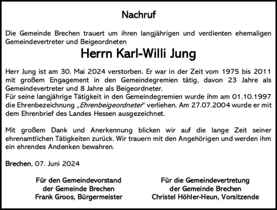 Traueranzeige von Karl-Willi Jung von Nassauische Neue Presse