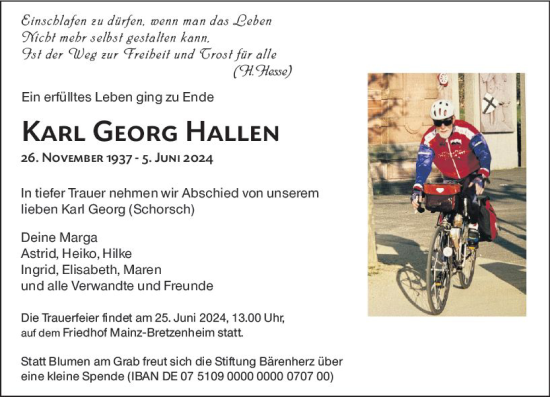 Traueranzeige von Karl Georg Hallen von Allgemeine Zeitung Mainz