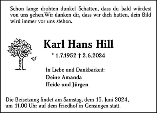 Traueranzeige von Karl Hans Hill von Allgemeine Zeitung Mainz