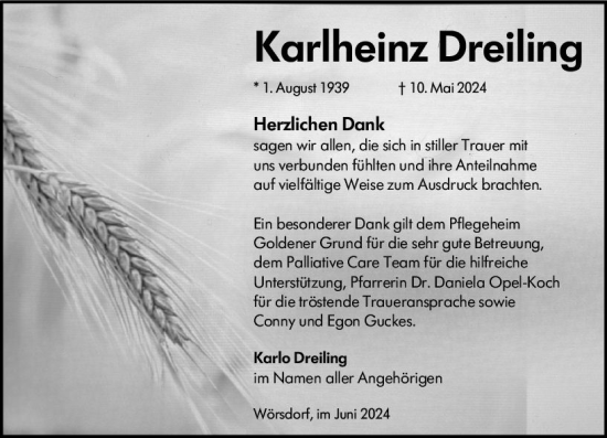 Traueranzeige von Karlheinz Dreiling von Idsteiner Land/Untertaunus