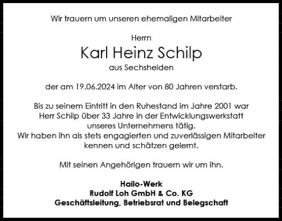 Traueranzeige von Karl Heinz Schilp von Dill Block