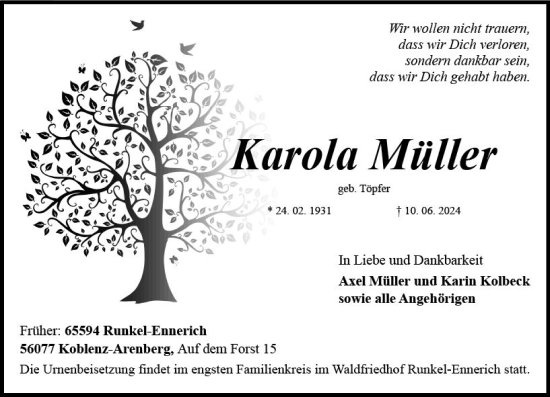 Traueranzeige von Karola Müller von Nassauische Neue Presse