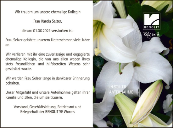 Traueranzeige von Karola Selzer von Wormser Zeitung