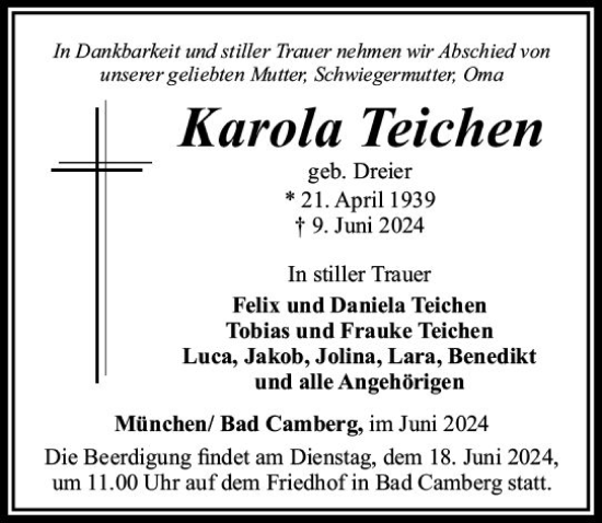 Traueranzeige von Karola Teichen von Camberger Anzeiger