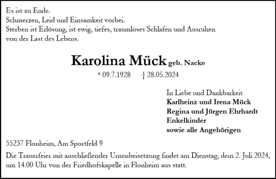 Traueranzeige von Karolina Mück von Allgemeine Zeitung Alzey