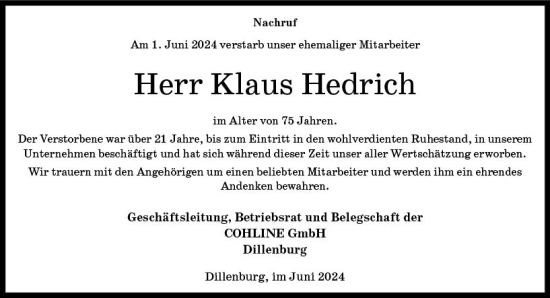 Traueranzeige von Klaus Hedrich von Dill Block