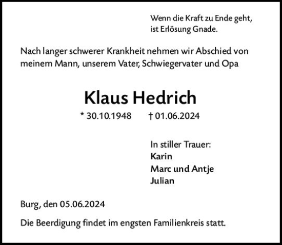 Traueranzeige von Klaus Hedrich von Dill Block